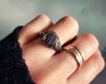 Boulder Opal Ring - Soft Solder Tiffany Technique - Astronomy - Artifact Magick Rustic  - October Birthstone - Witchy Goth - Milky Way