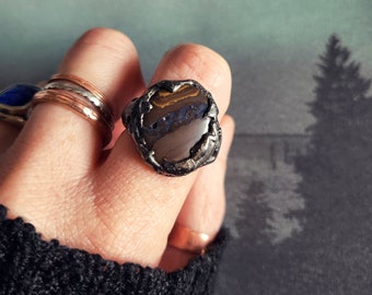 Boulder Opal Ring - Soft Solder Tiffany Technique - Outdoors - Artifact Magick Rustic  - October Birthstone - Witchy Goth - Brookstone