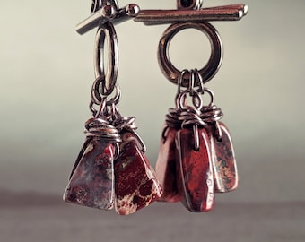 Rustic Red Jasper Earrings: Gunmetal Wire-Wrapped Boho Jewelry