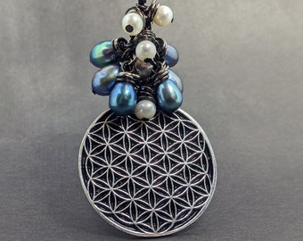 Flower of Life Mystic Necklace - Freshwater Pearl - Sacred Geometry - Magick Talisman - Blue Teal White - Cosmic Harmonics