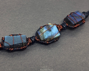 Raw Labradorite Necklace: Leather Copper Wrapped Crystal Pendant, Aurora Borealis Inspired - Guovssahas
