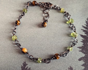 Peridot Tiger Eye Bracelet - Minimalist Simple - Solar Plexus Chakra - Earthy Green Brown - Festival - Spring in the Desert - CloseOut