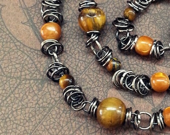 Tiger Eye Wrap Bracelet: Mother of Pearl, Boho Fall Fashion