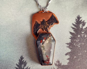 Copper Bloodstone Bat Necklace - Mammals Wings Macabre Vampire - Goth Witchy Witchcore Halloween - October All Year - Red in the Coffin