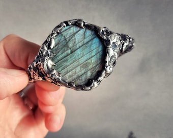 Oxidized Labradorite Cuff: Rustic Soft Solder, Witchy, Occult Bracelet - Arcane Nova