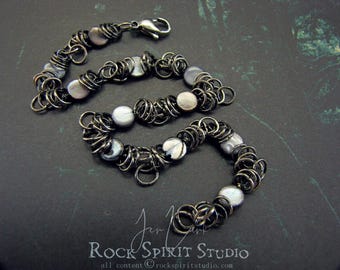 Mother of Pearl Jewelry Set: Bracelet Earrings - Stormy Gray Blue - Ocean Beach Inspired - Waves