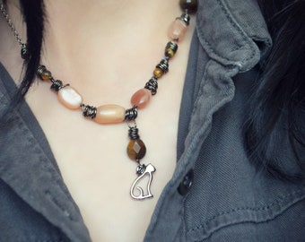 Sterling Silver Cat Pendant - Tiger Eye Peach Moonstone Necklace - Kitty Gato Chat Feline - Feminine Moon Energy - Crystal Calico