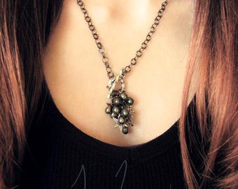 Freshwater Pearl Necklace Earrings Set: Peacock Gray Blue Cluster Pendant, Astronomy Inspired - Luminous Skies