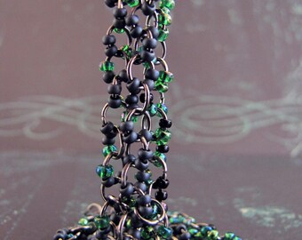 Seed Bead Bracelet: Emerald Green, Black, Gray, Layering Jewelry, Goth, Halloween - Serpent