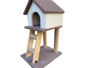Handgemaakt pluche kattenhuis met sisalkrabpaal en ladder