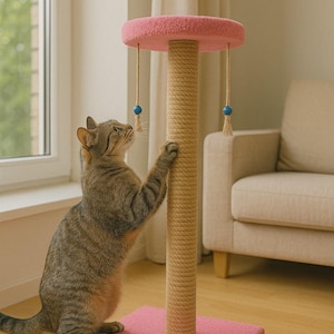 Peut inclure: Un griffoir rose pour chat avec une colonne beige enroulée de corde et une plateforme supérieure rose. Le poteau a des jouets suspendus avec des perles bleues. Un chat tigré interagit avec le poteau, grattant la colonne.