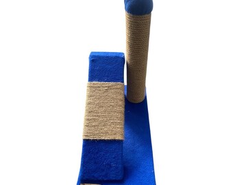 Handgefertigter Katzenkratzbaum: Juteseil & Blauer Samt, Modernes Katzenmöbel