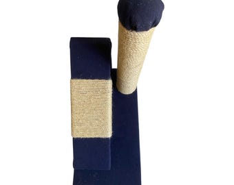May include: A navy blue cat scratching post with a sisal rope scratching surface and a navy blue top. The post has a rectangular base and a vertical section wrapped in rope. The brand name "PATILUNPET" is visible on the base.