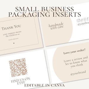 Inserts d'emballage pour petites entreprises, cartes de remerciement, réseaux sociaux, code QR (modèles Canva)