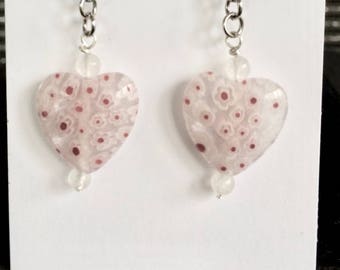 Heart Earrings in White Millefiori Glass, Red Dots, Leverback Wires