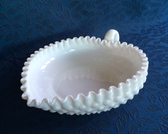 Fenton Milk Glass Hobnail Open Candy Dish With Handle, Heart Shape, White Glass, Scalloped Edge