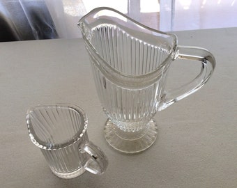 Vintage Glass Pitchers, Vertical Lines, Fluted Glass, Footed Glass Pitcher