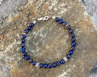 Lapis Bead Bracelet, Deep Blue with Brown Matrix, 6mm beads, Bali silver spacers, lobster clasp