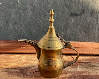 Tiny brass pitcher, Mini Ewer, Etched Brass Oil Pitcher, Hinged Lid Miniature Pitcher