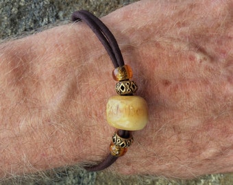 Man's Bracelet with Peace Symbol Clasp, Antique Amber, Vegan Cord, Glass, Metal Accents