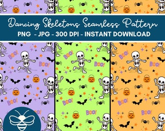 Patrón sin costuras de esqueletos danzantes / Papel digital de Halloween / Fondos imprimibles espeluznantes y lindos / Descarga instantánea PNG JPG