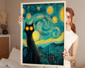 Black Cat Starry Night Print | Van Gogh Style Art (Digital Download) 10145
