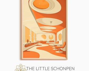 Retro-futuristisk loungeinredning, modern stil från mitten av århundradet (digital nedladdning)