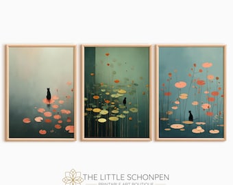 Set of 3 Waterlily Pond Art Prints: Moody Botanical with Black Cat (Digital Download)