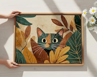 Autumn Cat Peeking Through Leaves, Folk Art Printable Wall Art (Digital Download)