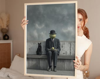 Magritte Inspired Black Cat Surrealist Art Print (Digital Download) 10098