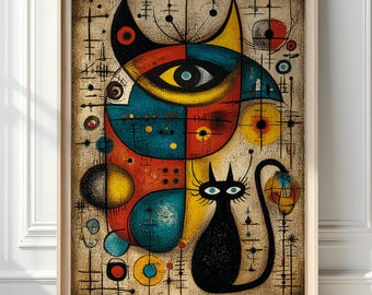 Black Cat Surreal Carnival Art Print, Miro Style (Digital Download) 10111