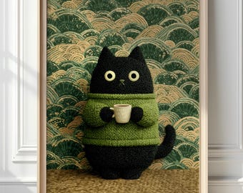 Black Cat Coffee Art Print (Digital Download) 10047