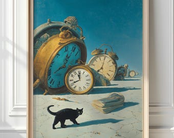 Black Cat Surrealist Art Print, Melting Clocks Inspired by Dali (Digital Download) 10060