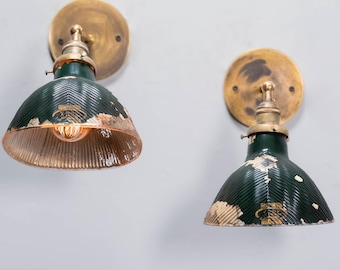 1910 Pair Brass Sconces Mercury Glass Shades