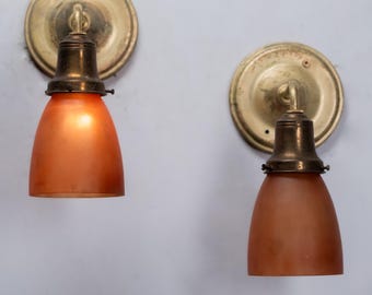 Pair Early 20th Century Brass Wall Sconces with Amber Glass Shades c.1920