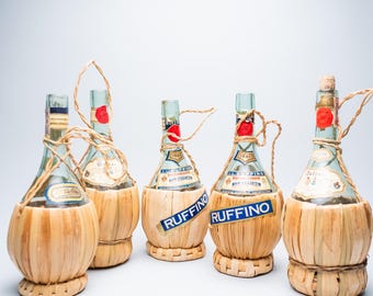 Set of Vintage Ruffino Chianti Bottles | 1960s Italian Fiasco Wine Bottles | Wicker Wrapped Glass