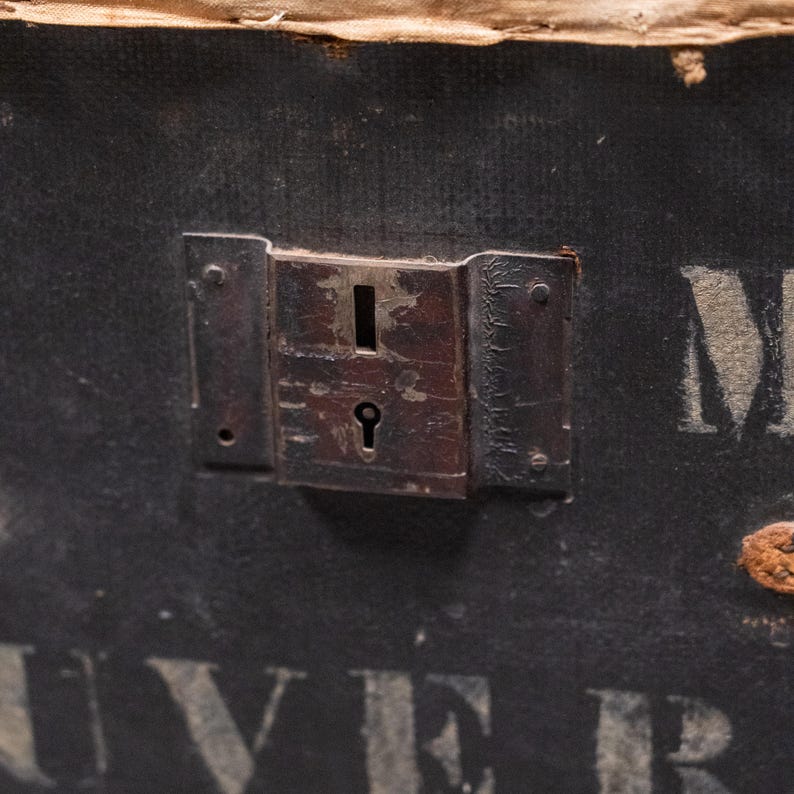 Antique Leather Stenciled Pioneer Trunk – J.R. Milne Vancouver BC – Settlers Effects Storage Chest image 4