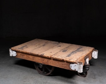 Antique Industrial Factory Cart Coffee Table with Cast Iron Wheels, c. 1900–1930