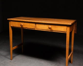 Antique American Country Pine Work Table with Drawers & Drop Leaf c.1900 - Primitive Desk Console