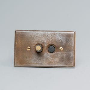 May include: A rectangular, weathered metal light switch plate with two circular openings. One opening has a brass-colored toggle switch, and the other has a black button. Two brass screws secure the plate.