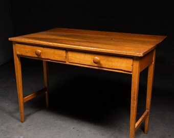 Mesa de trabajo antigua americana de pino con cajones y extensión abatible, circa 1900. Consola de escritorio primitiva.