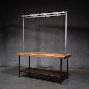 Antique Industrial Butcher Block Work Table with Overhead Pot Rack - Commercial Kitchen Island