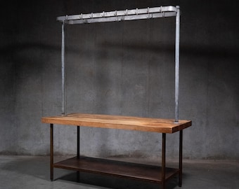 Antieke industriële slagerstafel met pannenrek - Commercial Kitchen Island