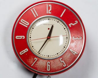 Vintage Art Deco Red Electric Wall Clock - General Electric 2369
