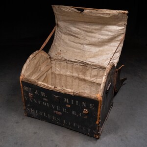 Antique Leather Stenciled Pioneer Trunk – J.R. Milne Vancouver BC – Settlers Effects Storage Chest image 2