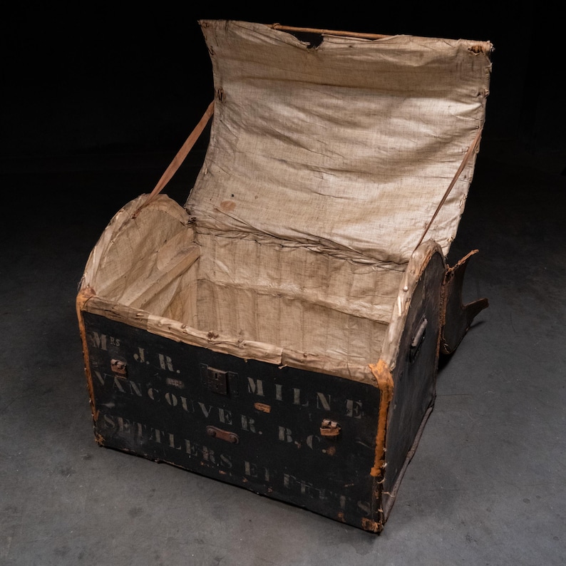 Antique Leather Stenciled Pioneer Trunk – J.R. Milne Vancouver BC – Settlers Effects Storage Chest image 2