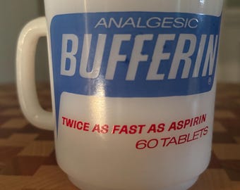 Vintage Bufferin Pharmaceutical Advertising Milk Glass Mug:  Retro, Analgesic, Glasbake, Promotional Item