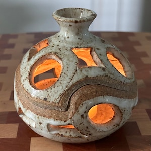 Studio Art Pottery Fairy Lamp, Cutout Candle Holder, Stoneware Tealight Luminary, Signed May Grant