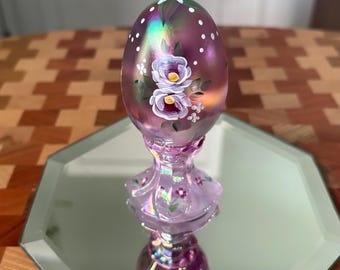 Fenton Iridescent Purple Pink Pedestal Egg, Hand Painted Floral, Limited Edition #366/950, S. Rippeto Artist, Foil Label