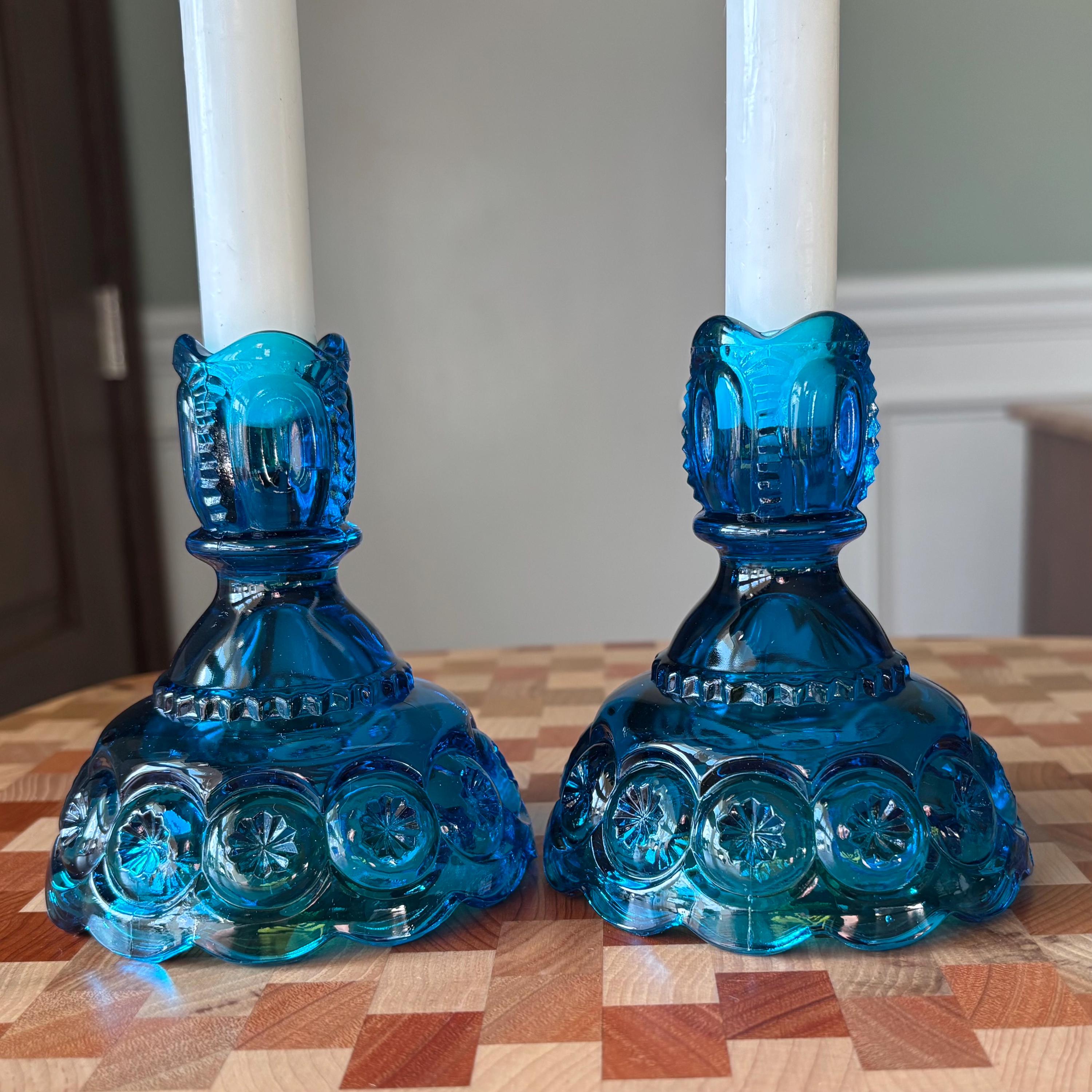 Blue Glass Vintage Candlesticks - Etsy